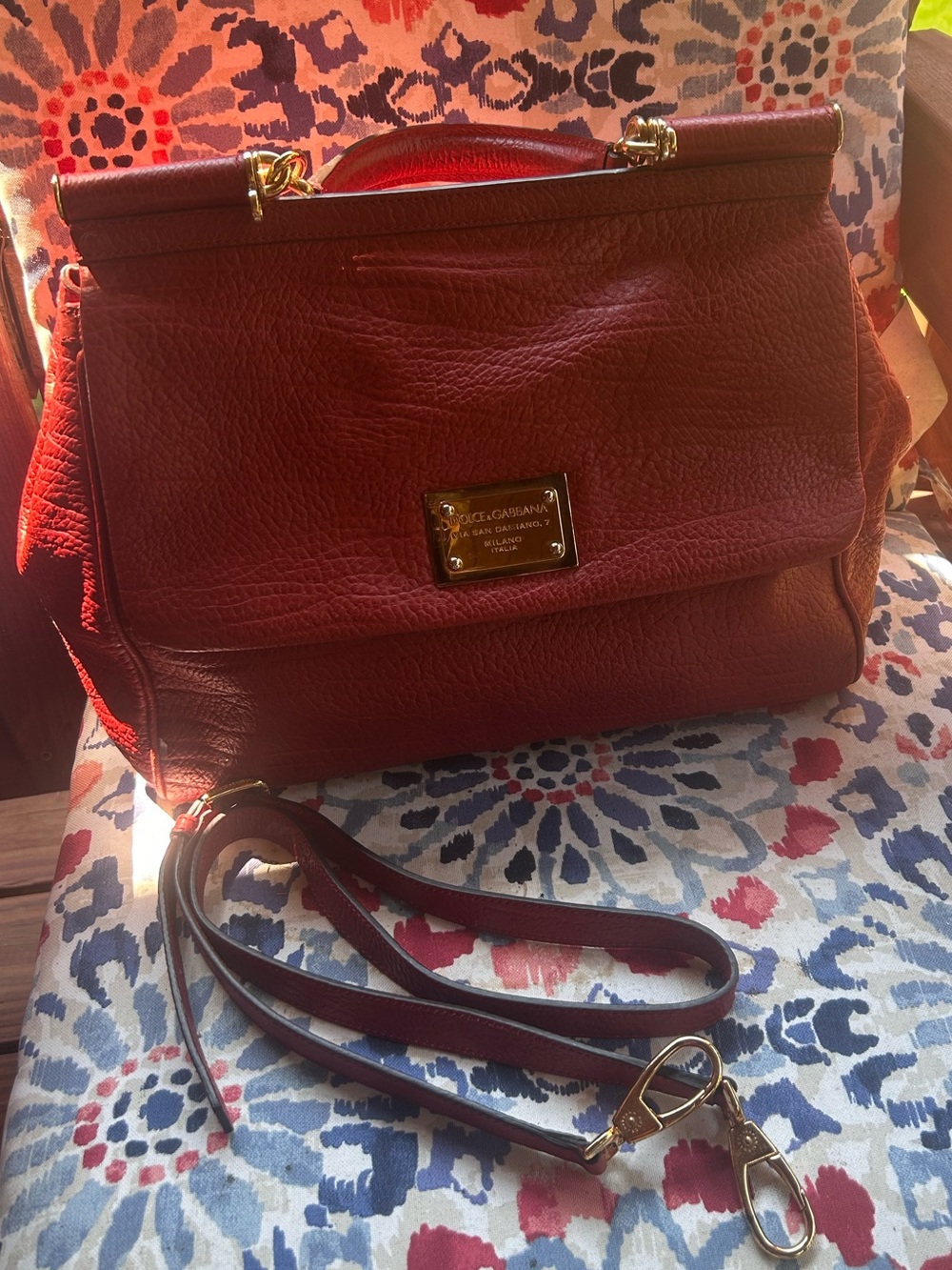 Dolce & Gabbana Red Leather Top-Handle Two way lSatchel with Gold Hardware